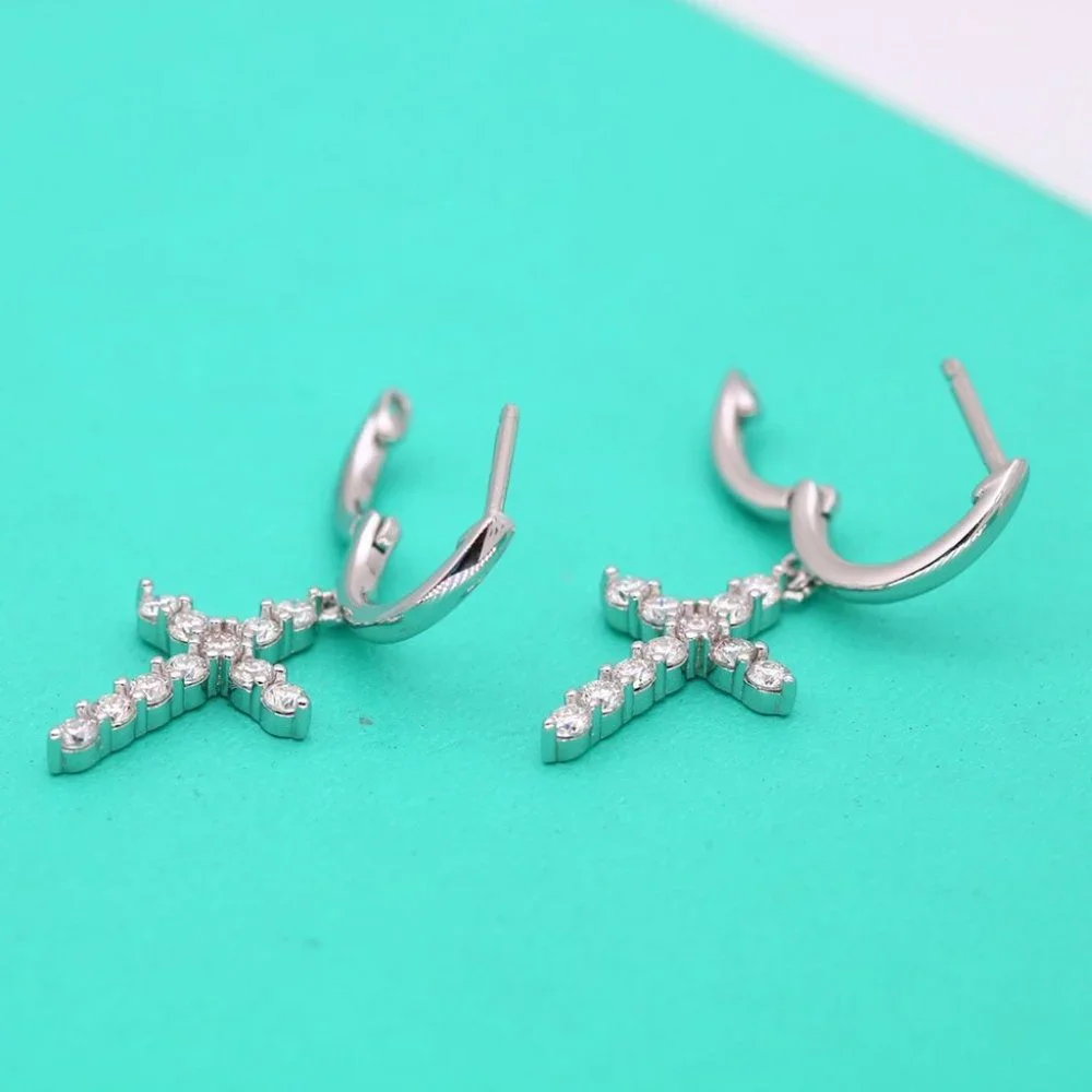 Certified 2mm Moissanite Diamond Cross Huggie Hoop Earrings NEW